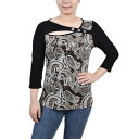 ニューヨークコレクション レディース カットソー トップス Petite 3/4 Sleeve Puff Print Cutout Top Brown Pais...