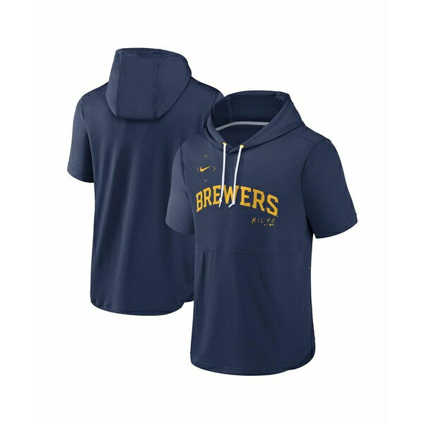 ナイキ メンズ パーカー・スウェットシャツ アウター Men's Navy Milwaukee Brewers Springer Short Sleeve Team Pullover Hoodie Navy