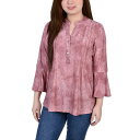 ニューヨークコレクション レディース カットソー トップス Petite 3/4 Bell Sleeve Printed Pleat Front Y-neck ...
