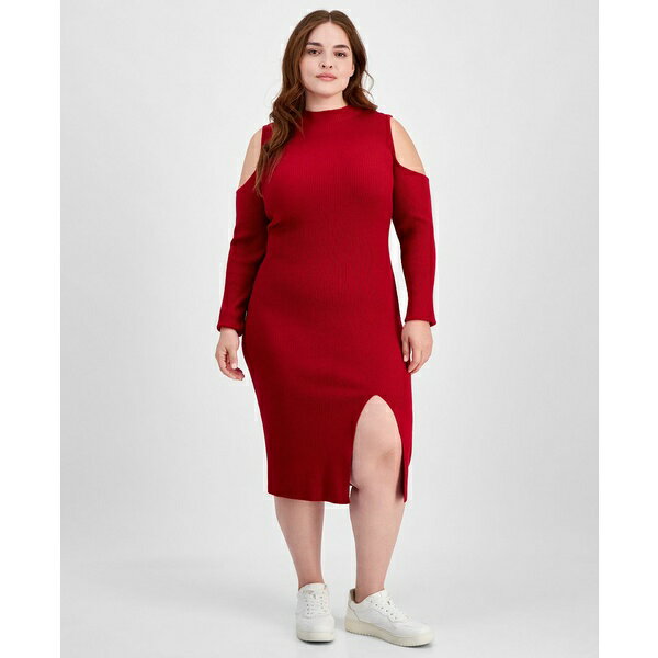 マッデンガール レディース ワンピース トップス Trendy Plus Size Cold-Shoulder Midi Dress Burgundy Red