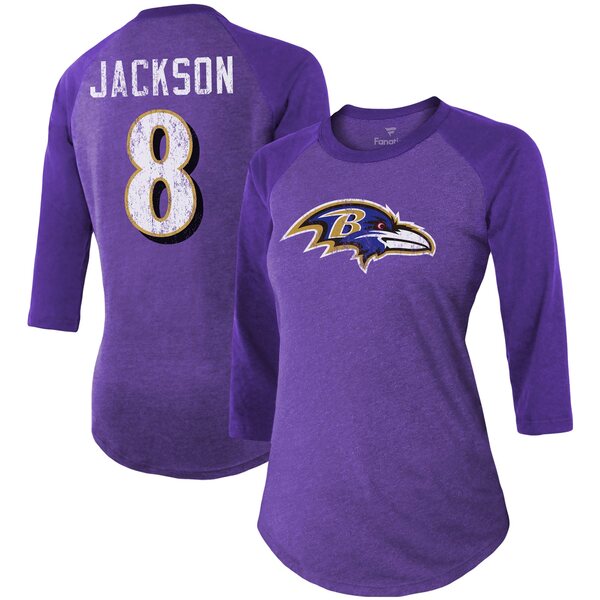 マジェスティックスレッズ レディース Tシャツ トップス Lamar Jackson Baltimore Ravens Majestic Threads Women's Player Name & Number TriBlend 3/4Sleeve Fitted TShirt Purple