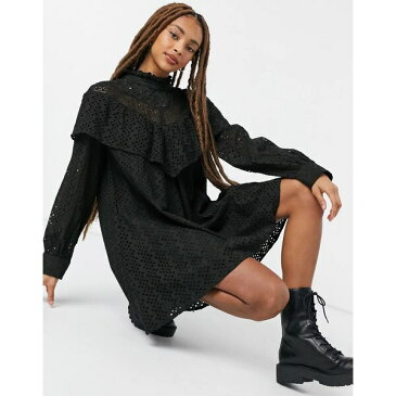 エイソス レディース ワンピース トップス ASOS DESIGN broderie trapeze mini dress with lace insert in black Black