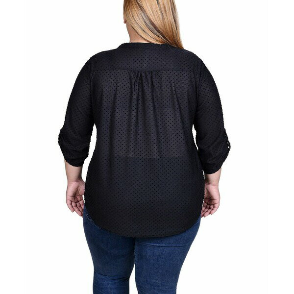 ニューヨークコレクション レディース カットソー トップス Plus Size 3/4 Sleeve Roll Tab Y Neck Top Black