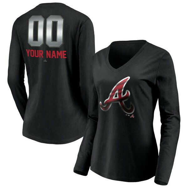 եʥƥ ǥ T ȥåץ Atlanta Braves Fanatics Branded Women's Personalized Midnight Mascot Long Sleeve VNeck TShirt Black