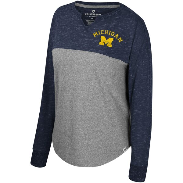 RVA fB[X TVc gbvX Michigan Wolverines Colosseum Women's Jelly of the Month Oversized TriBlend Long Sleeve TShirt Heather Gray/Navy