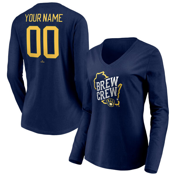 ファナティクス レディース Tシャツ トップス Milwaukee Brewers Fanatics Branded Women's Personalized Hometown Legend Long Sleeve VNeck TShirt Navy