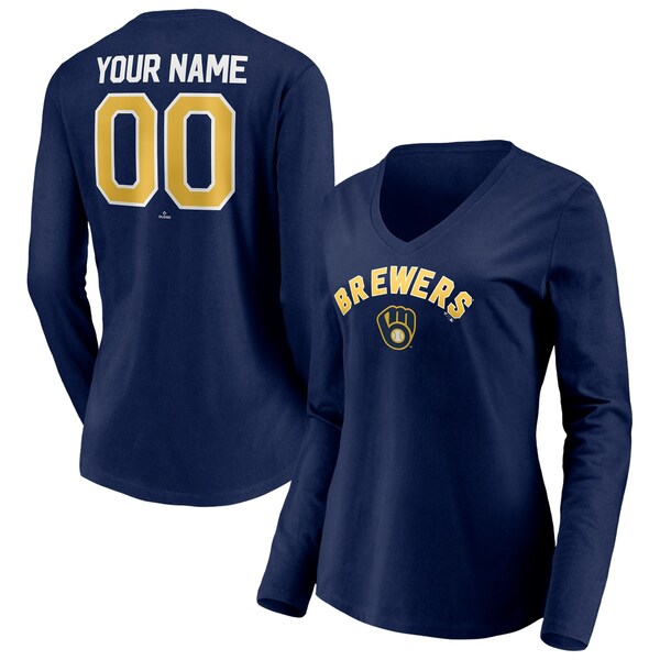 եʥƥ ǥ T ȥåץ Milwaukee Brewers Fanatics Branded Women's Personalized Winning Streak Name &Number Long Sleeve VNeck TShirt Navy