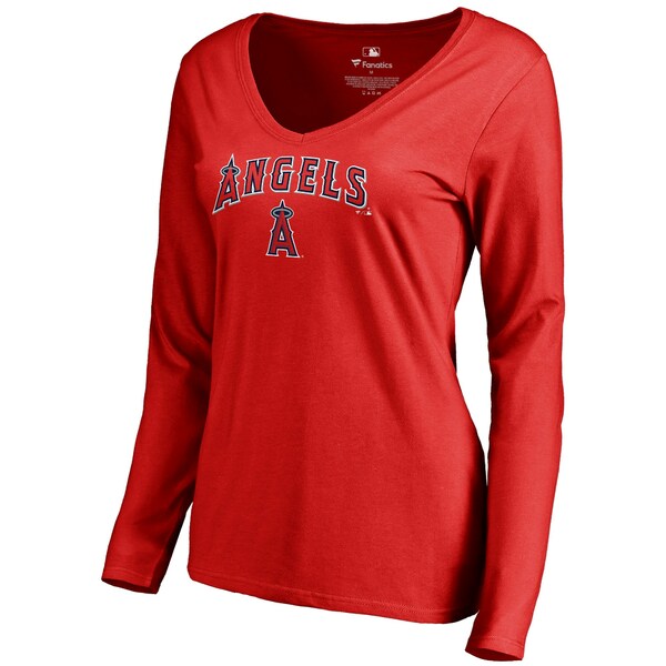 եʥƥ ǥ T ȥåץ Los Angeles Angels Fanatics Branded Women's Team Lockup Slim Fit Long Sleeve VNeck TShirt Red