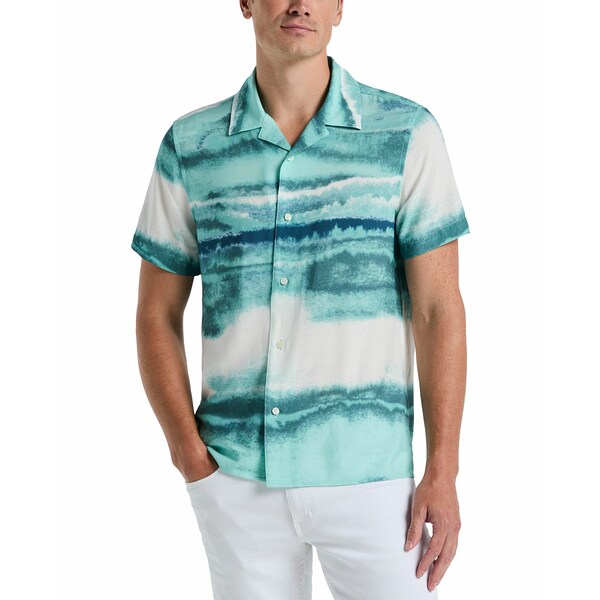 ペリーエリス メンズ シャツ トップス Men's Short Sleeve Wave Print Button-Front Camp Shirt Wasabi