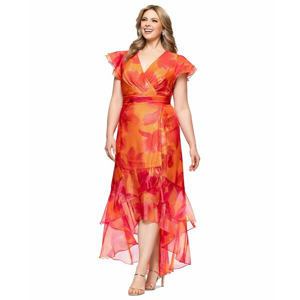 エスケープ レディース ワンピース トップス Plus Size Floral-Print Chiffon High-Low Dress Coral/Pink