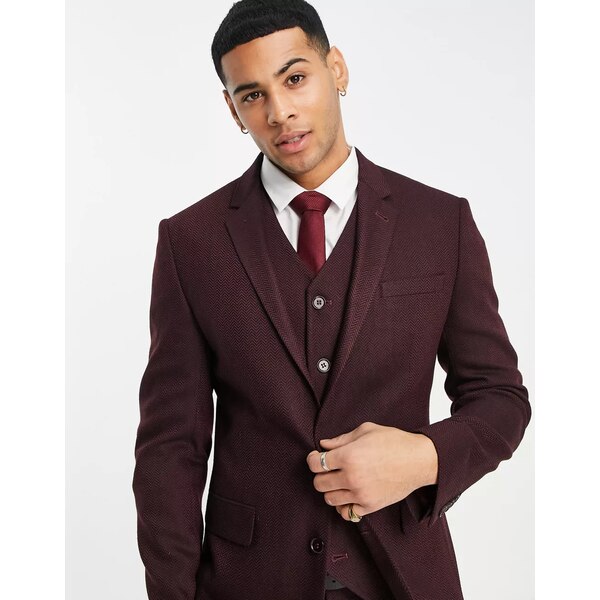 エイソス メンズ ジャケット＆ブルゾン アウター ASOS DESIGN super skinny wool mix suit jacket in burgundy herringbone Burgundy