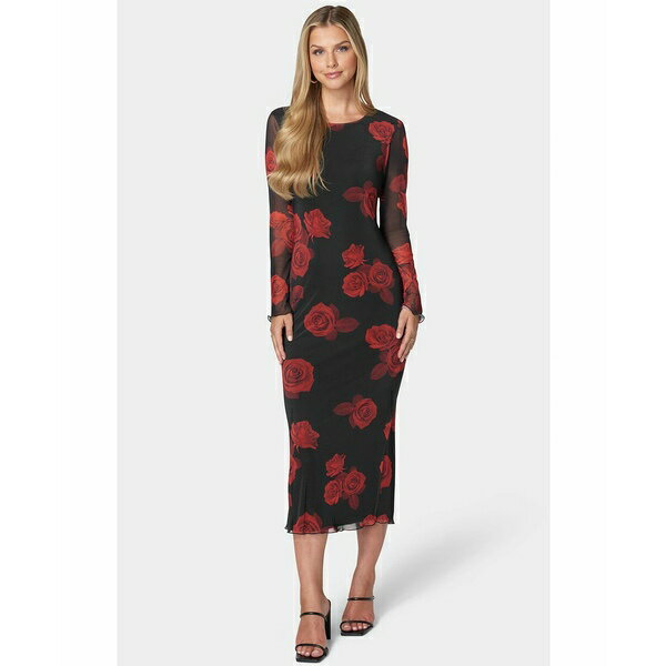 ベベ レディース ワンピース トップス Women's Long Sleeve Printed Powermesh Maxi Black/red