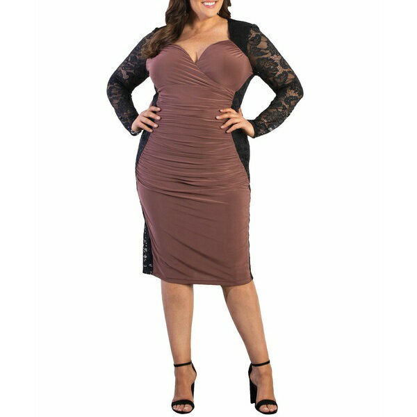キヨナ レディース ワンピース トップス Plus Size Valentina Long Sleeve Lace Illusion Dress Chestnut