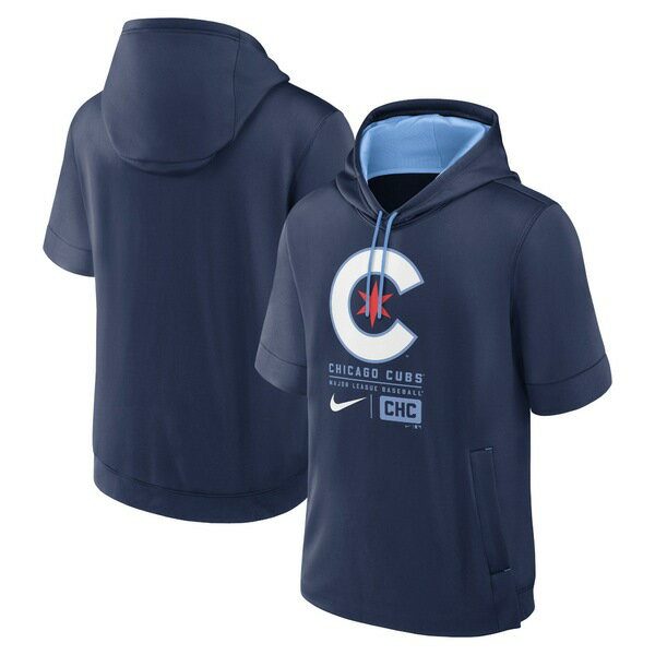 ナイキ メンズ パーカー・スウェットシャツ アウター Chicago Cubs Nike City Connect Color Block Short Sleeve Pullover Hoodie Navy