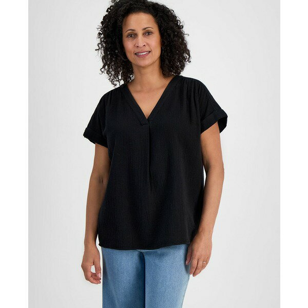 スタイルアンドコー レディース カットソー トップス Women's Cotton Gauze V-Neck Short-Sleeve Top, Exclusively at Macy's Deep Black(4)