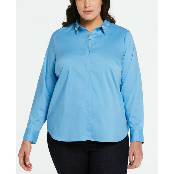 エラ ラファエラ レディース カットソー トップス Plus Size Ruched Sleeve Embellished Collar Blouse Azure Blue(4)