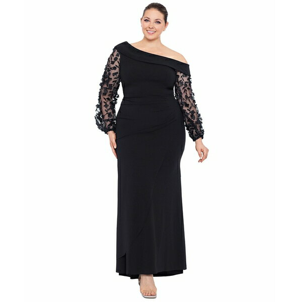 エスケープ レディース ワンピース トップス Plus Size Off-The-Shoulder Floral-Sleeve Gown Black