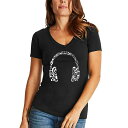 エルエーポップアート レディース Tシャツ トップス Women's Word Art Music Note Headphones V-Neck T-Shirt Black
