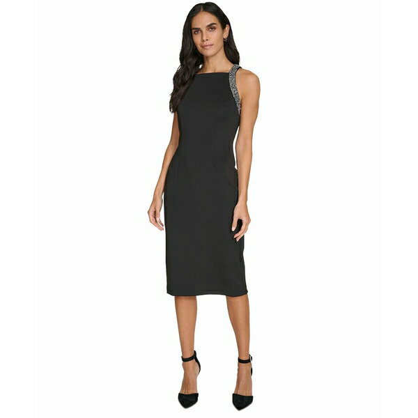 カルバンクライン レディース ワンピース トップス Women's Embellished Scuba Sheath Dress Cream Crystal