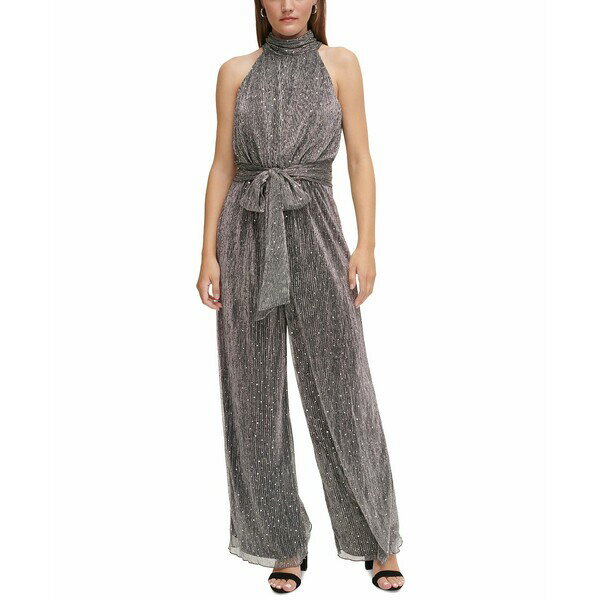エリザジェイ レディース ワンピース トップス Women's Metallic Tie-Waist Halter Jumpsuit Silver