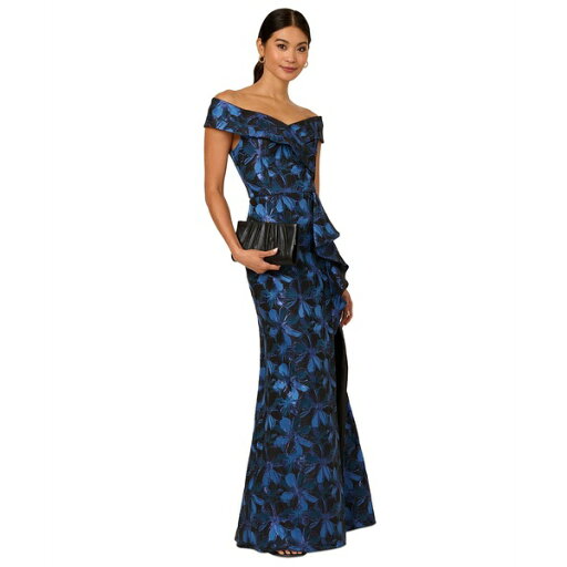 アドリアナ パペル レディース ワンピース トップス Women's Jacquard Off-The-Shoulder Gown Blue Multi アドリアナ パペル レディース ワンピース トップス Women's Jacquard Off-The-Shoulder Gown Blue Multi