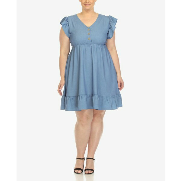 ホワイトマーク レディース ワンピース トップス Plus Size Ruffle Sleeve Knee-Length Dress Denim Blue