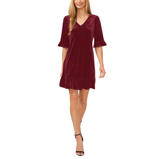 セセ レディース ワンピース トップス Women's Velvet 3/4-Sleeve Ruffle Trim Shift Dress Majestic Wine セセ レディース ワンピース トップス Women's Velvet 3/4-Sleeve Ruffle Trim Shift Dress Majestic Wine