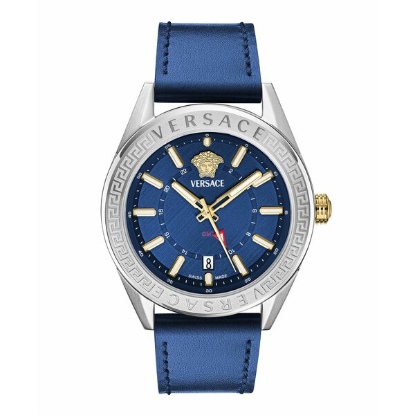 ヴェルサーチ メンズ 腕時計 アクセサリー Men's V-Code Silver Stainless Steel and Leather Strap Watch, 42mm Silver/Blue