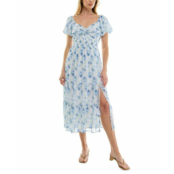 トリッキ レディース ワンピース トップス Juniors' Floral-Print Puff-Sleeve Midi Dress Whiteblu