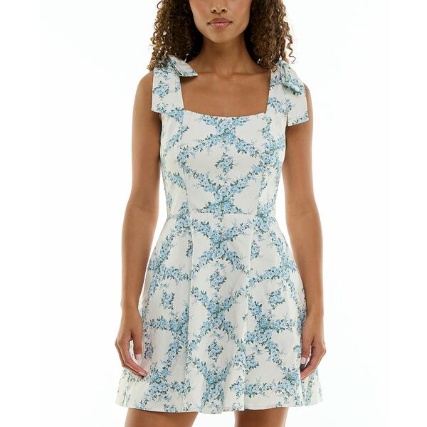 トリッキ レディース ワンピース トップス Juniors' Floral-Print Tie-Strap Dress White/Blue