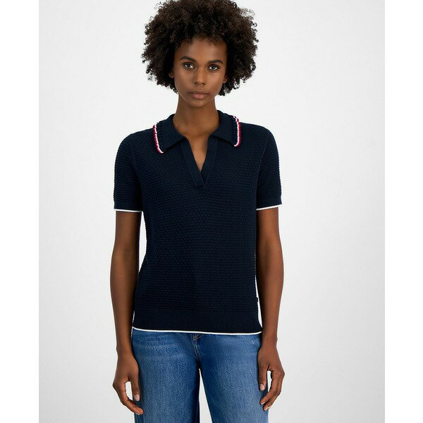 トミー ヒルフィガー レディース ニット&セーター アウター Women's Cotton Global-Tipped Short-Sleeve Polo Sweater Sky Captain Multi