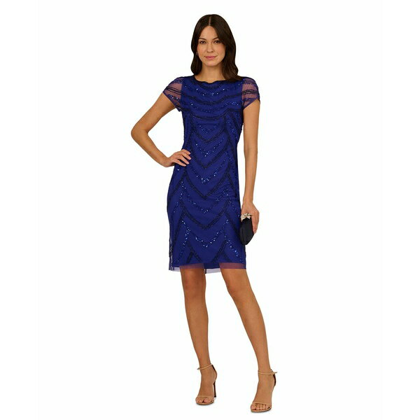 アドリアナ パペル レディース ワンピース トップス Women's Beaded Cap-Sleeve Sheath Dress Dark Blue Violet