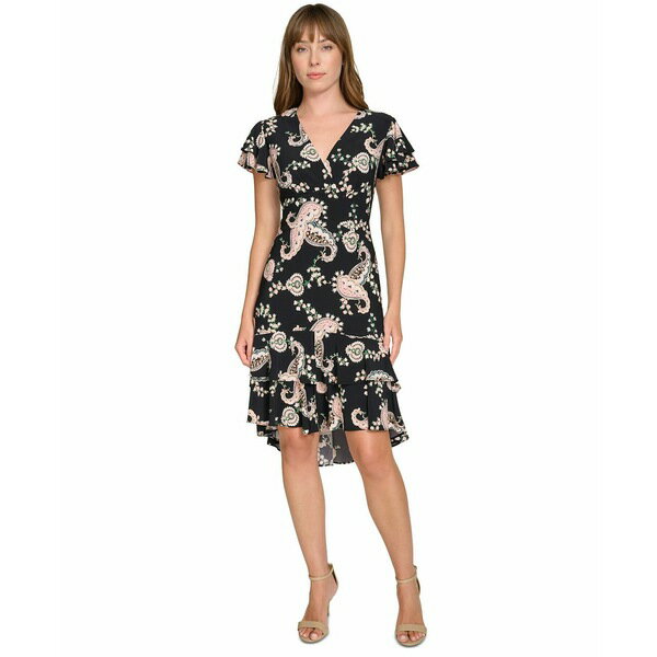 トミー ヒルフィガー レディース ワンピース トップス Women's Paisley-Print Flutter-Sleeve Fit & Flare Dress Black Multi
