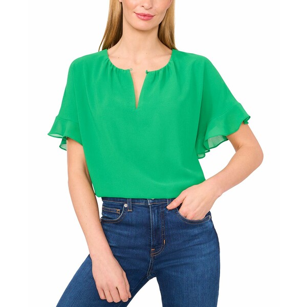 セセ レディース カットソー トップス Women's Short-Sleeve Half Button Flowy Blouse Medium Green