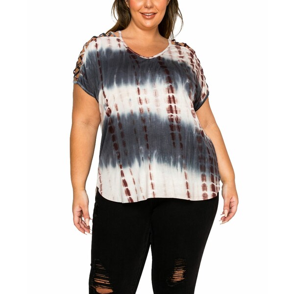 コイン1804 レディース カットソー トップス Plus Size Tie Dye Lattice Sleeve Dolman T-Shirt Smoke, Cream, Brown