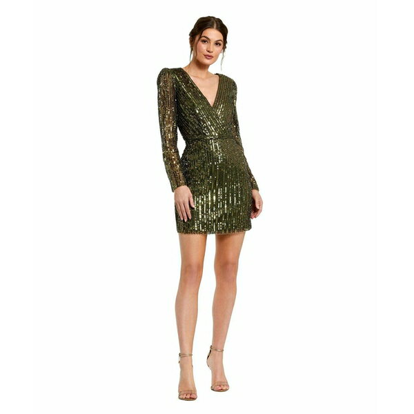 マックダガル レディース ワンピース トップス Women's Long Sleeve Sequined Mini Dress Olive