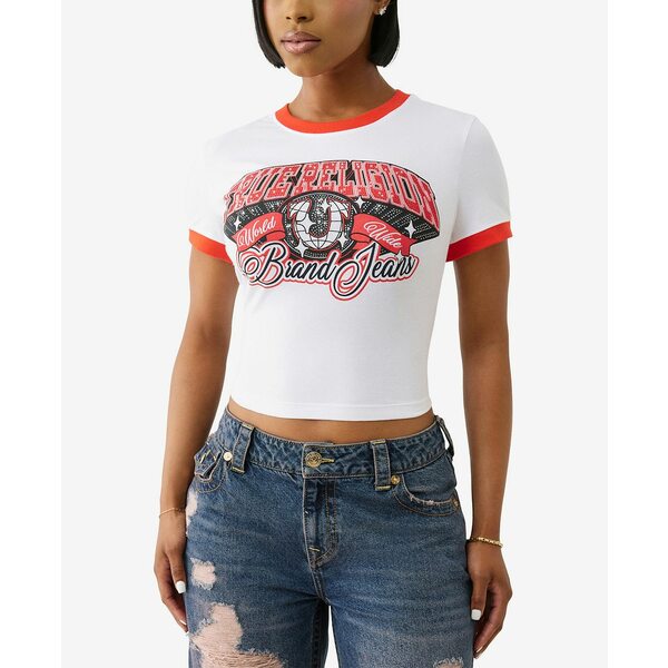 トゥルーレリジョン レディース カットソー トップス Women's Crystal Contrast Ringer Crew Neck T-Shirt White, Red