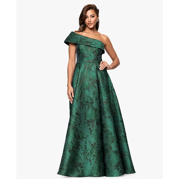 エスケープ レディース ワンピース トップス Petite One-Shoulder Jacquard Ball Gown Dark Green
