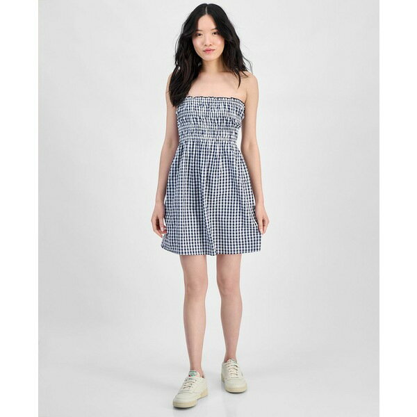ヒッピー ローズ レディース ワンピース トップス Juniors' Cotton Gingham Strapless Mini Dress Navy