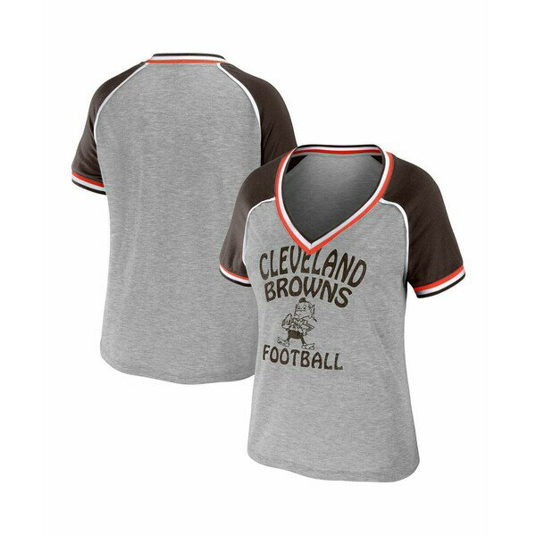 ウェア バイ エリン・アンドリューズ レディース カットソー トップス Women's Heather Gray Distressed Cleveland Browns Cropped Raglan Throwback V-Neck T-shirt Heather Gray(4)