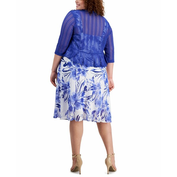 コネクテッド レディース ワンピース トップス Plus Size Lace Cardigan and Floral-Print Dress Cobalt