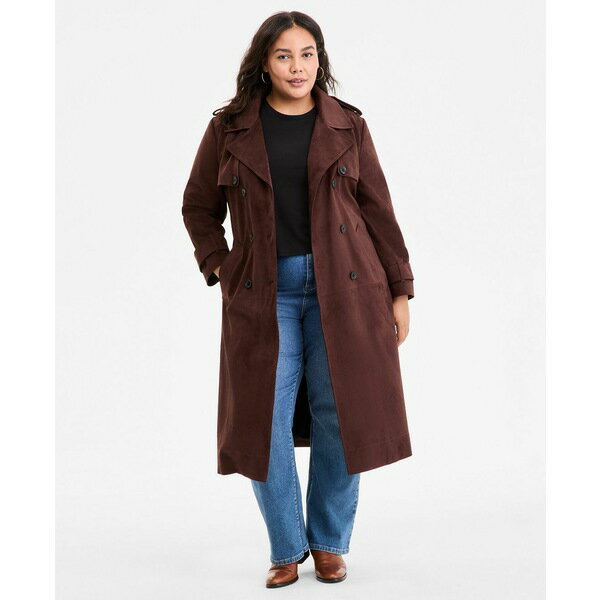 ビーシービージーマックスアズリア レディース ジャケット＆ブルゾン アウター Plus Size Double-Breasted Faux-Suede Belted Trench Coat Chocolate
