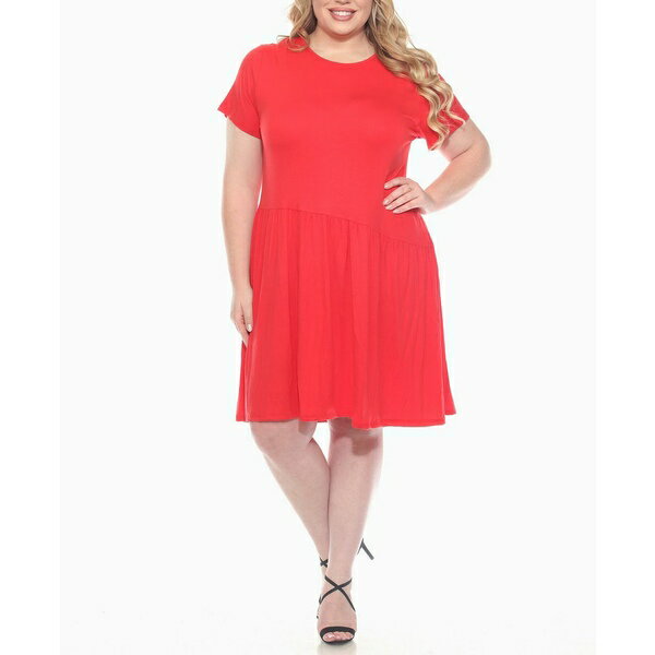 ホワイトマーク レディース ワンピース トップス Plus Size Asymmetrical Waist and Short Sleeve Swing Dress Red