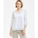 チャータークラブ レディース カットソー トップス Women's 100% Linen Lace-Edge 3/4-Sleeve Top, Exclusively at Macy's Bright White