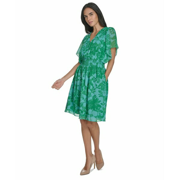 ジェシカハワード レディース ワンピース トップス Petite V-Neck Smocked-Waist Chiffon Dress Green