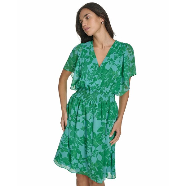 ジェシカハワード レディース ワンピース トップス Petite V-Neck Smocked-Waist Chiffon Dress Green