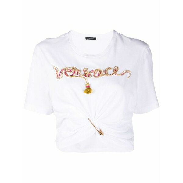 ヴェルサーチ レディース Tシャツ トップス Embellished-logo safety-pin t-shirt White
