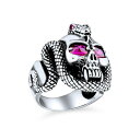 ブリング メンズ リング アクセサリー Large Mens Biker Halloween Devil Gothic Pirate Day Of Dead Red CZ Eyes Serpent Snake Skull Head Ring Oxidized Sterling Silver Pink