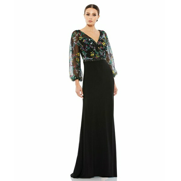 マックダガル レディース ワンピース トップス Women's Embroidered Illusion Puff Sleeve Column Gown Black multi
