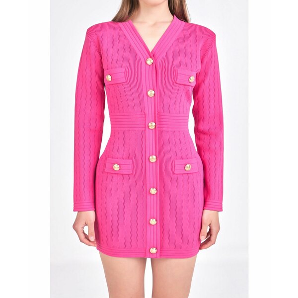 エンドレスローズ レディース ワンピース トップス Women's V-neck Long Sleeve Knit Mini Dress Fuchsia